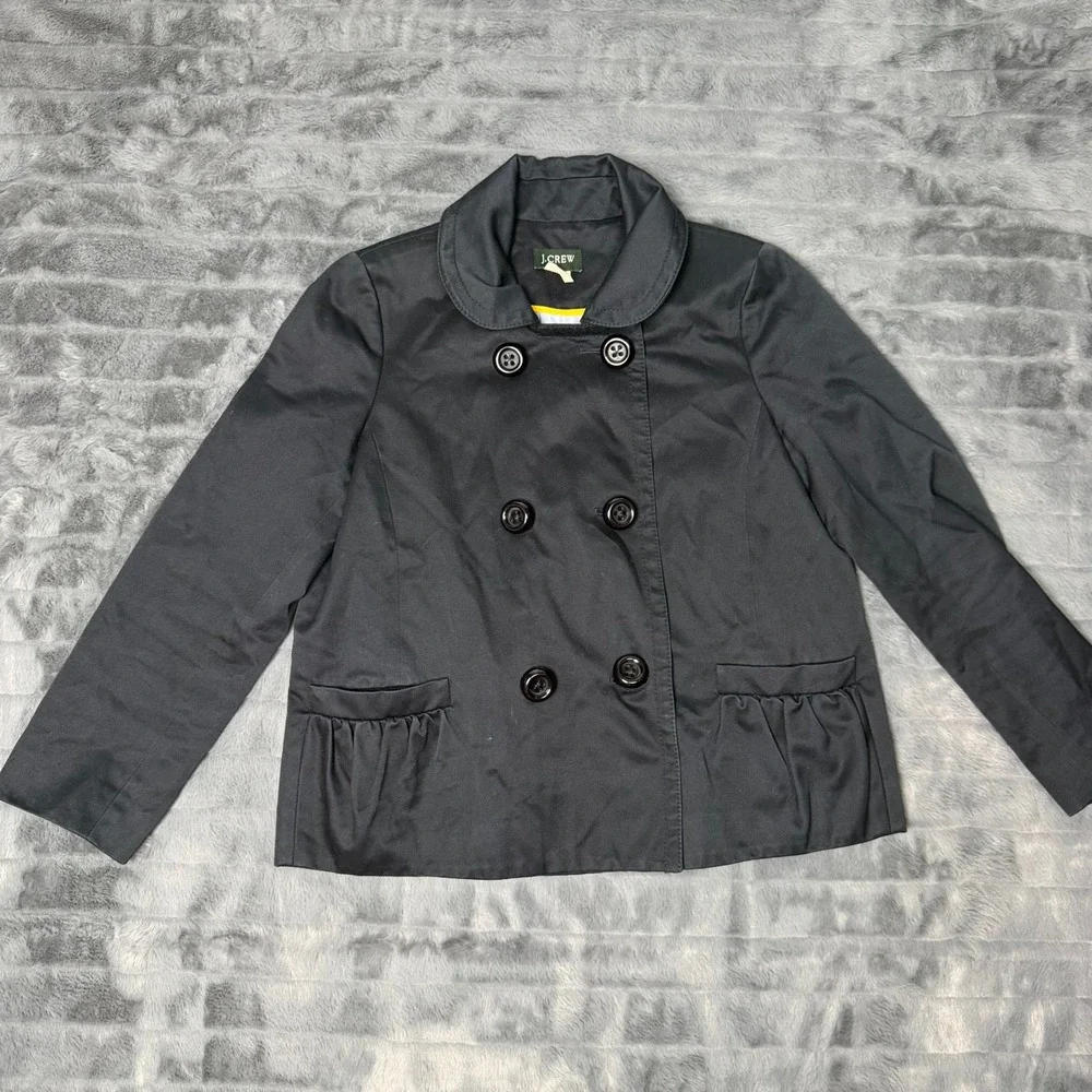 J.Crew Pea Coat Jacket Women 8T Black Double Breasted Ruffle Pocket Cotton Tall - Picture 1 of 9